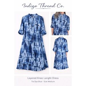 Indigo Thread Co Womens‎ Medium Blue Tie Dye Layered Shirt Dress Rayon Lagenlook